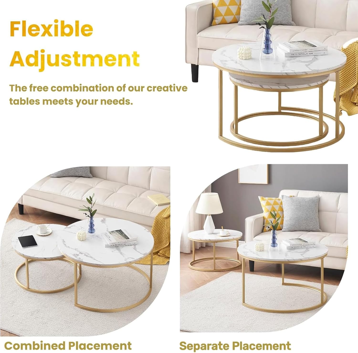 Ginhow Set of 2 Round Coffee Tables White Marble Design
