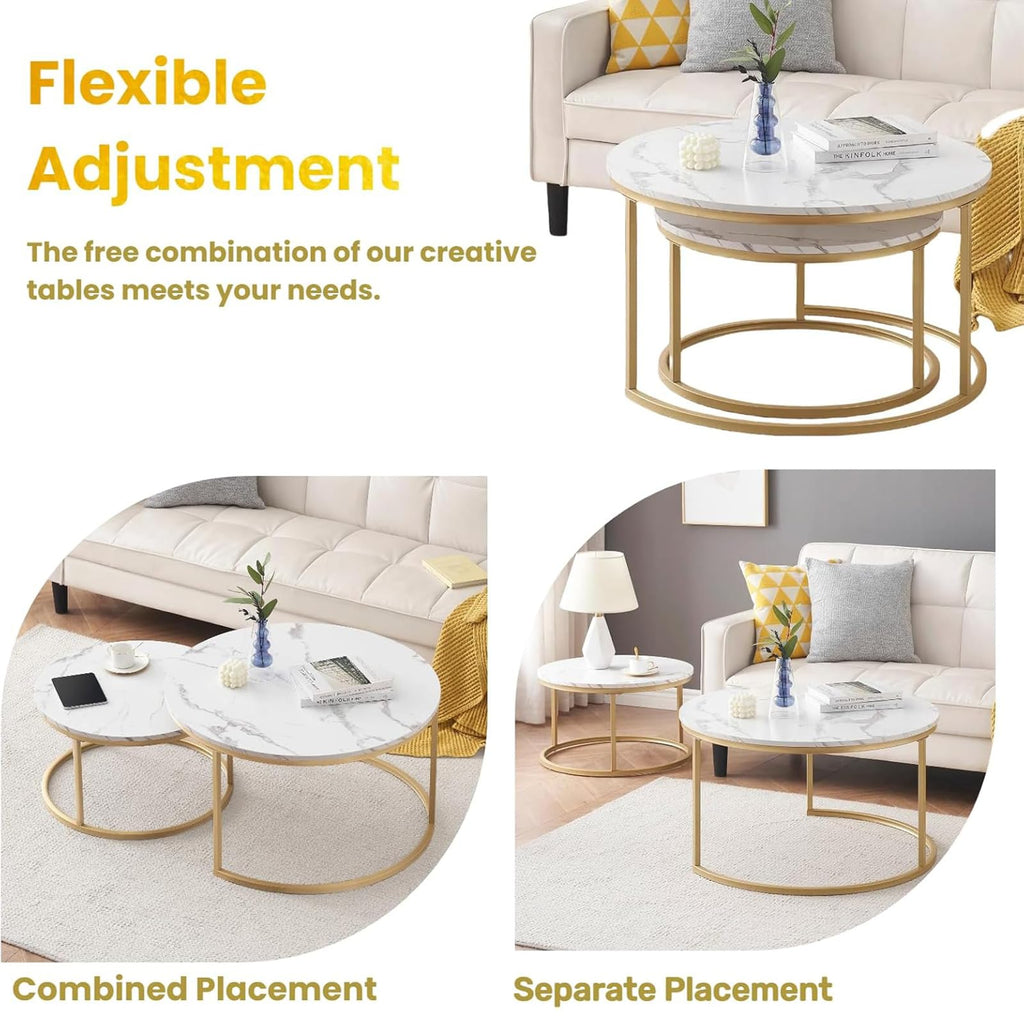Ginhow Set of 2 Round Coffee Tables with Marble Design