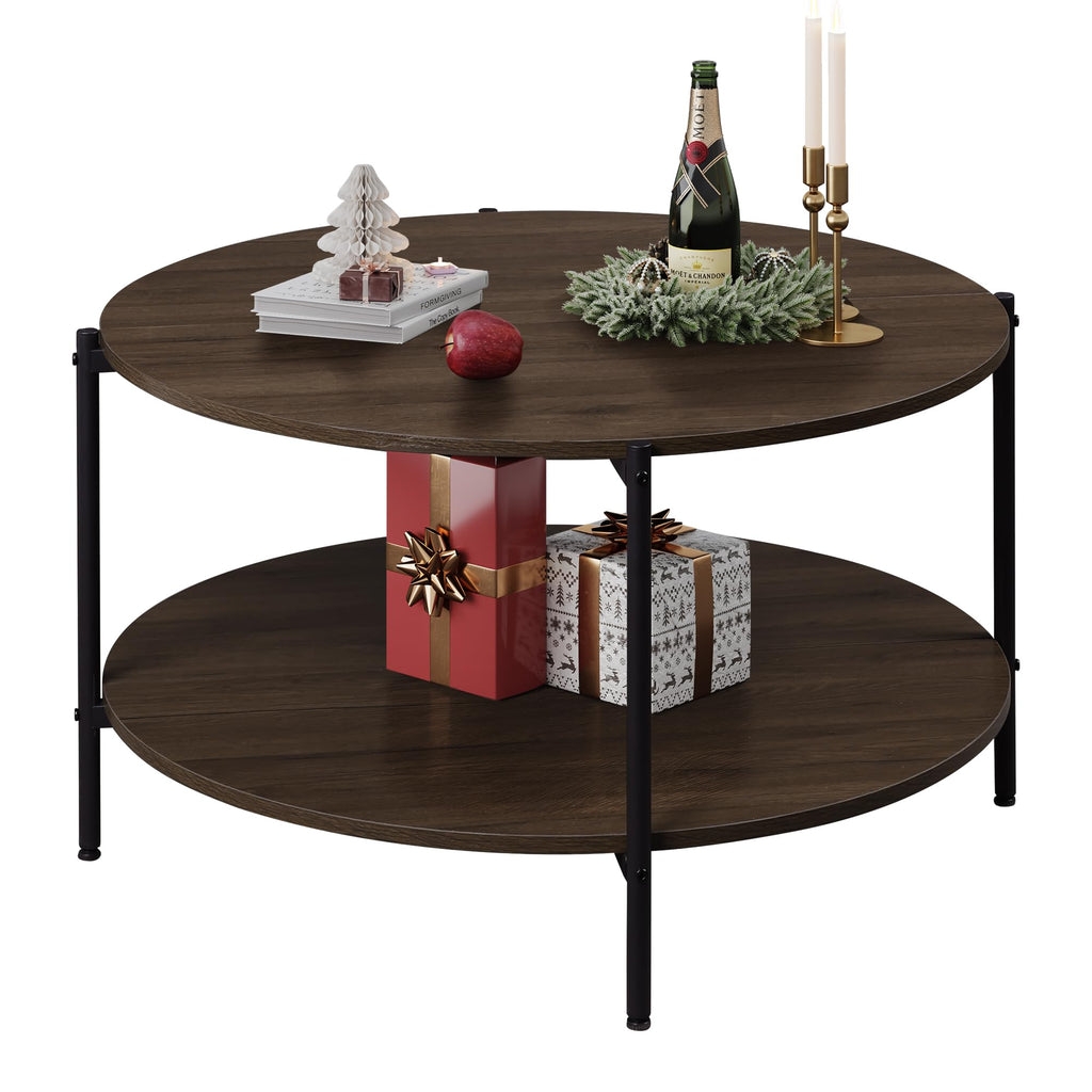WLIVE Round Coffee Table with 2-tier open shelf in Brown Walnut finish, featuring a metal frame and engineered wood tabletop
