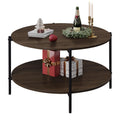 WLIVE Round Coffee Table with 2-tier open shelf in Brown Walnut finish, featuring a metal frame and engineered wood tabletop