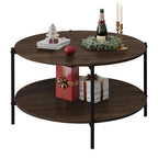 WLIVE Round Coffee Table with 2-tier open shelf in Brown Walnut finish, featuring a metal frame and engineered wood tabletop