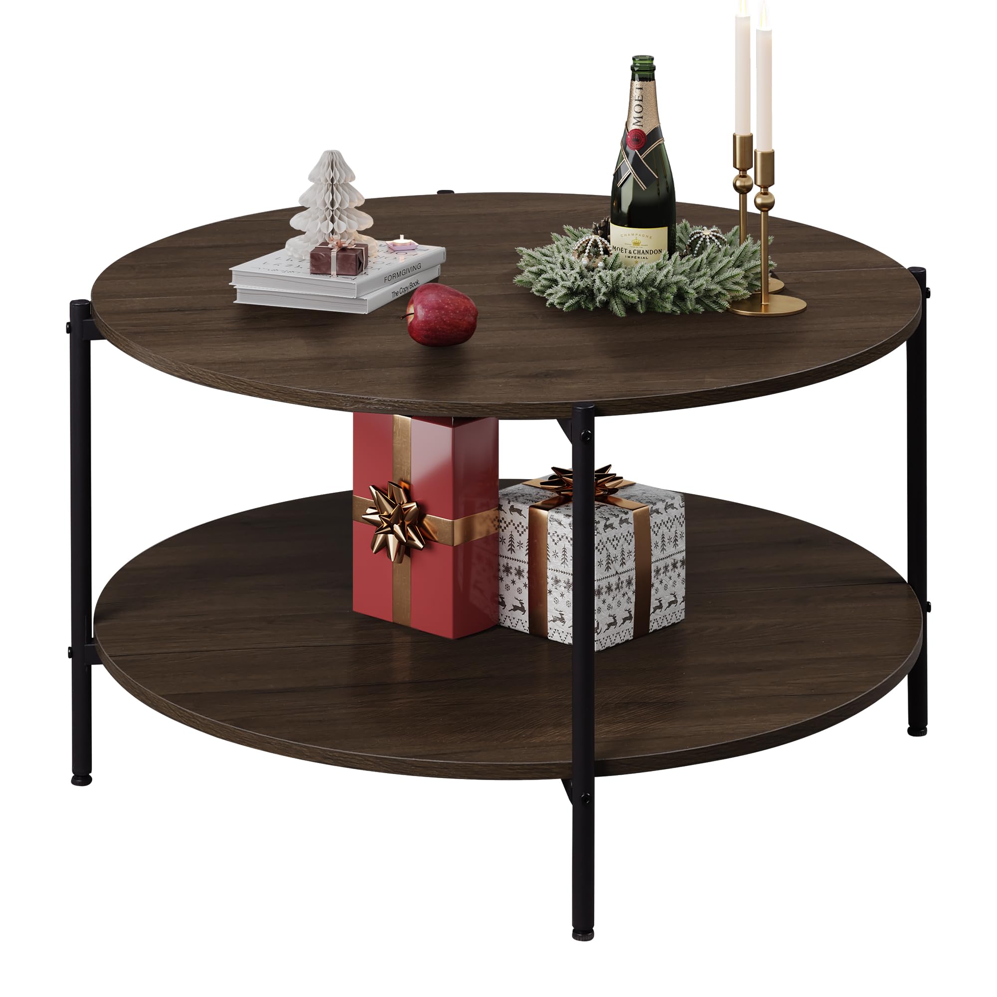 WLIVE Round Coffee Table with 2-tier open shelf in Brown Walnut finish, featuring a metal frame and engineered wood tabletop