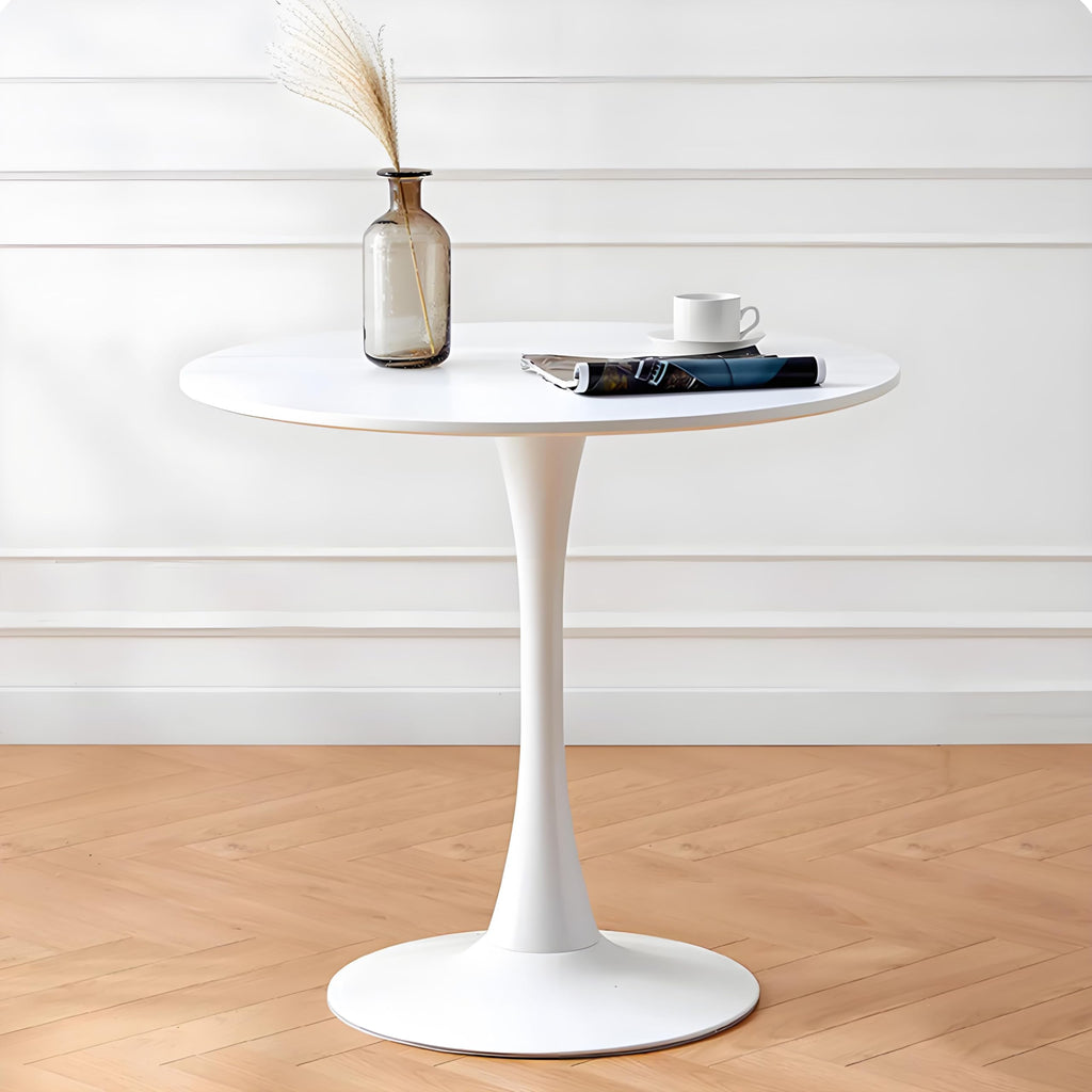 Modern 70cm round white dining table with a metal pedestal base and MDF tabletop