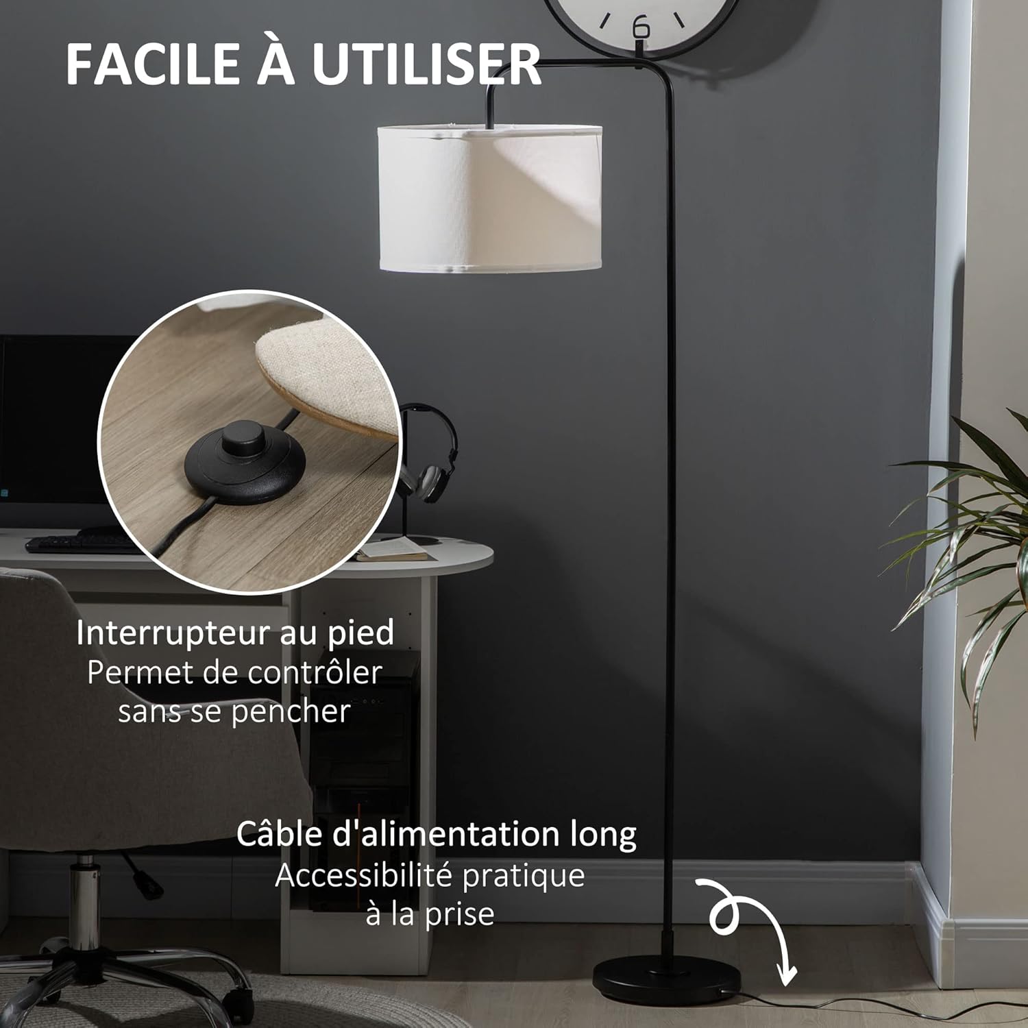 HOMCOM Modern Black Metal Floor Lamp - Black Metal