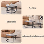 JZGORC 2-Piece Round Coffee Table Set with Grey Marble Top and Black Metal Frame