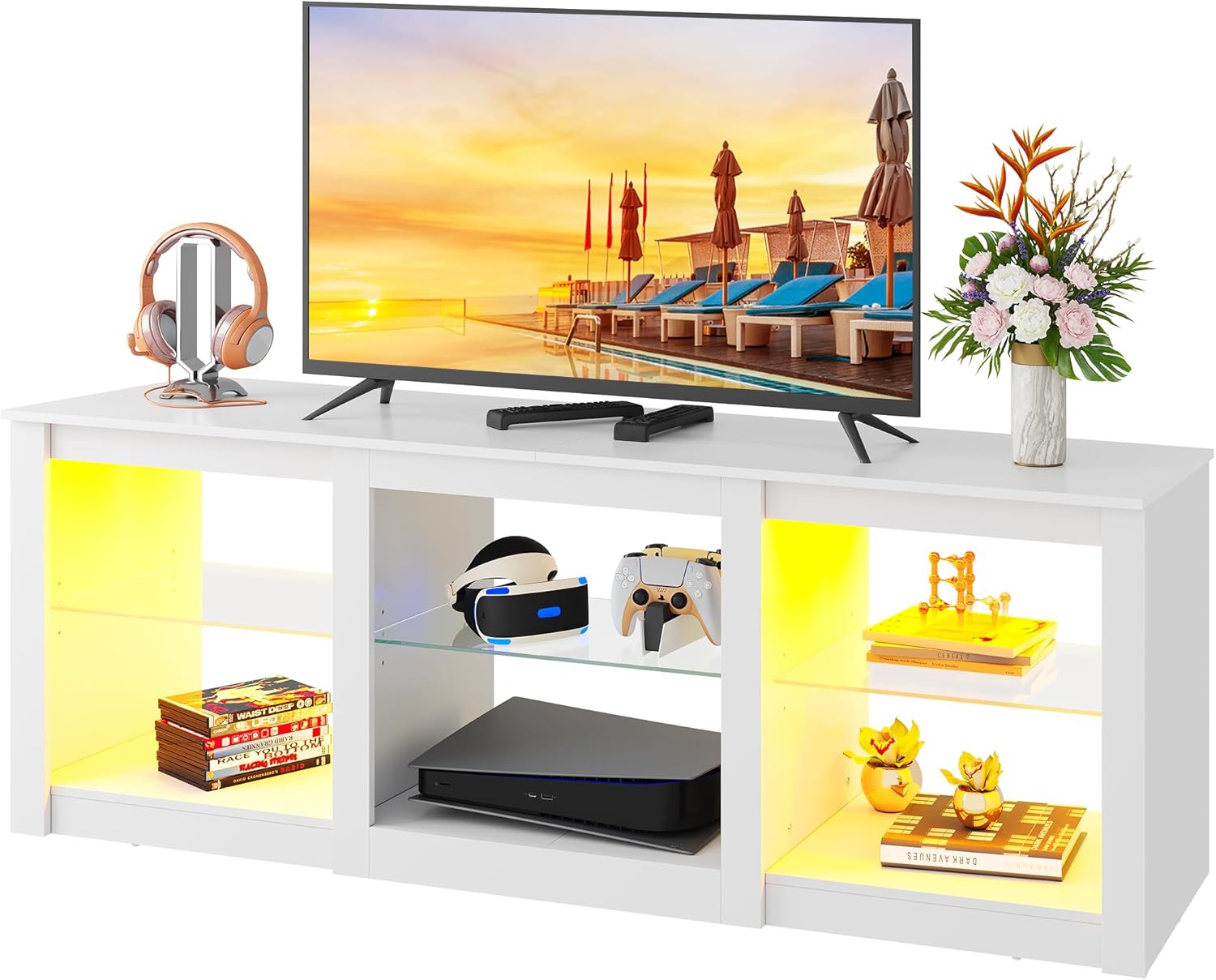 WLIVE 58" LED TV Stand with Glass Shelves - Black