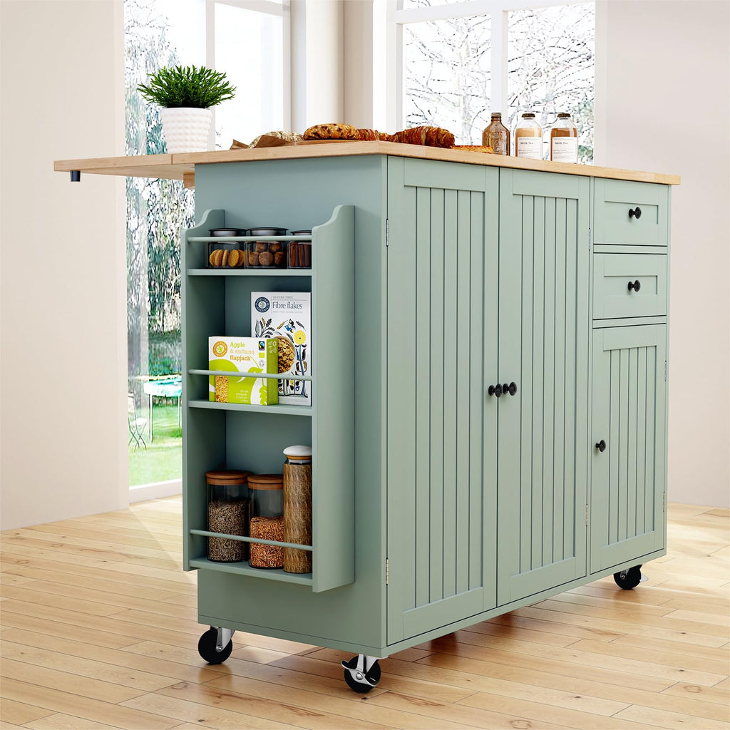 HLR Sage Green Rolling Kitchen Island with Storage