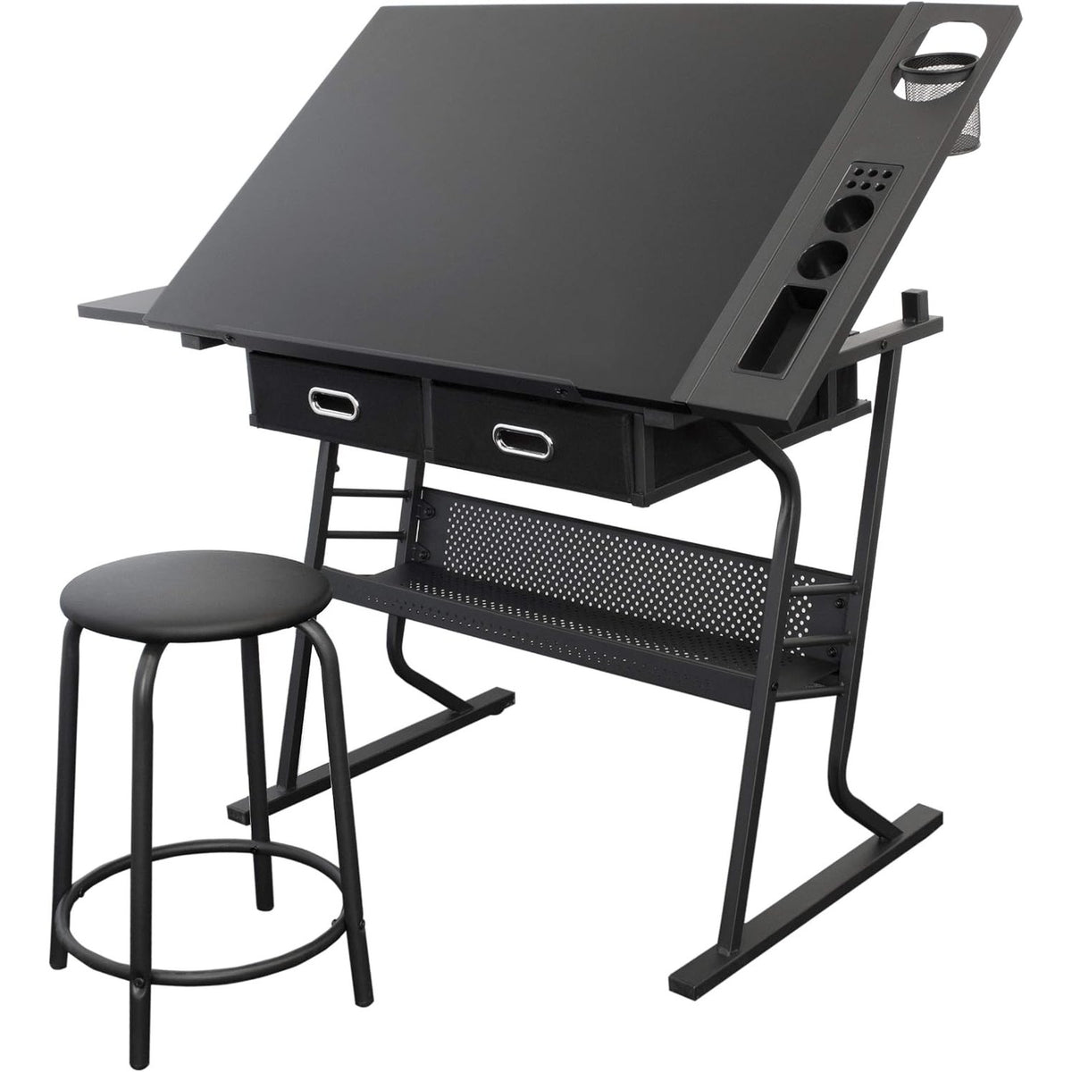 STATIONERY ISLAND Drawing Table Tiree - Art and Crafts Desk - Height Adjustable Artist Drafting Table - Tiltable - Storage, Stool &amp; Clips - For Graphic Design, Drawing, Painting, Work &amp; Study