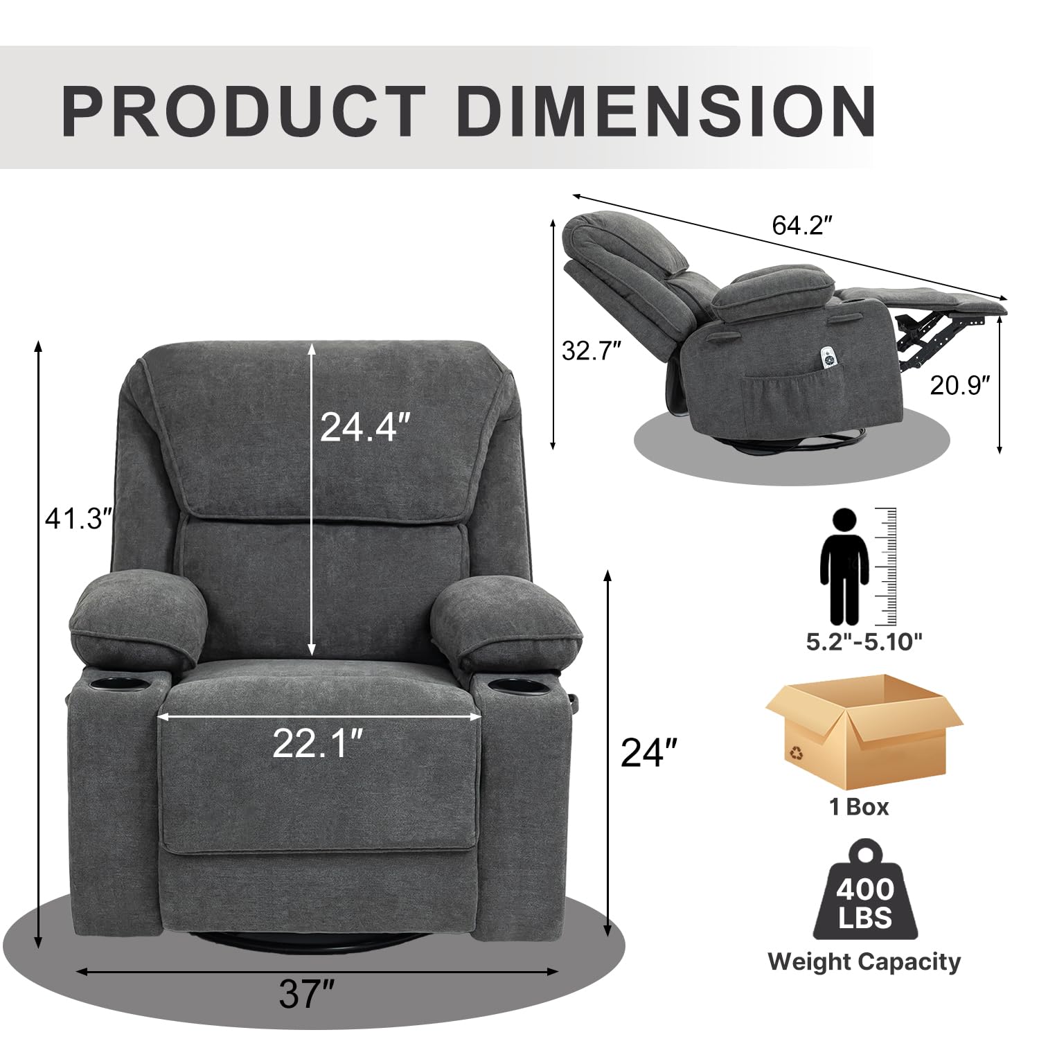 BRTHORY Rocker Recliner Chair with Massage, Heated, 360° Swivel