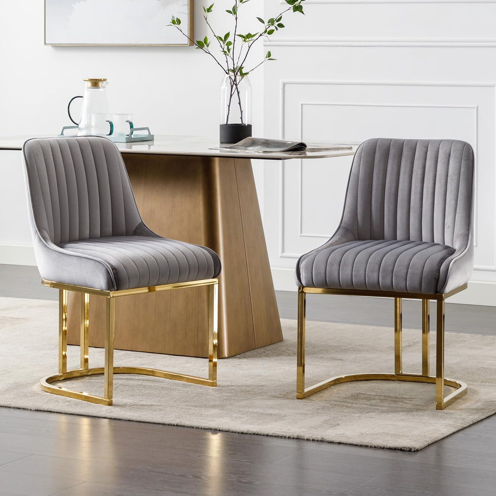 Set of 2 grey velvet dining chairs with gold metal frame by Ya-Home