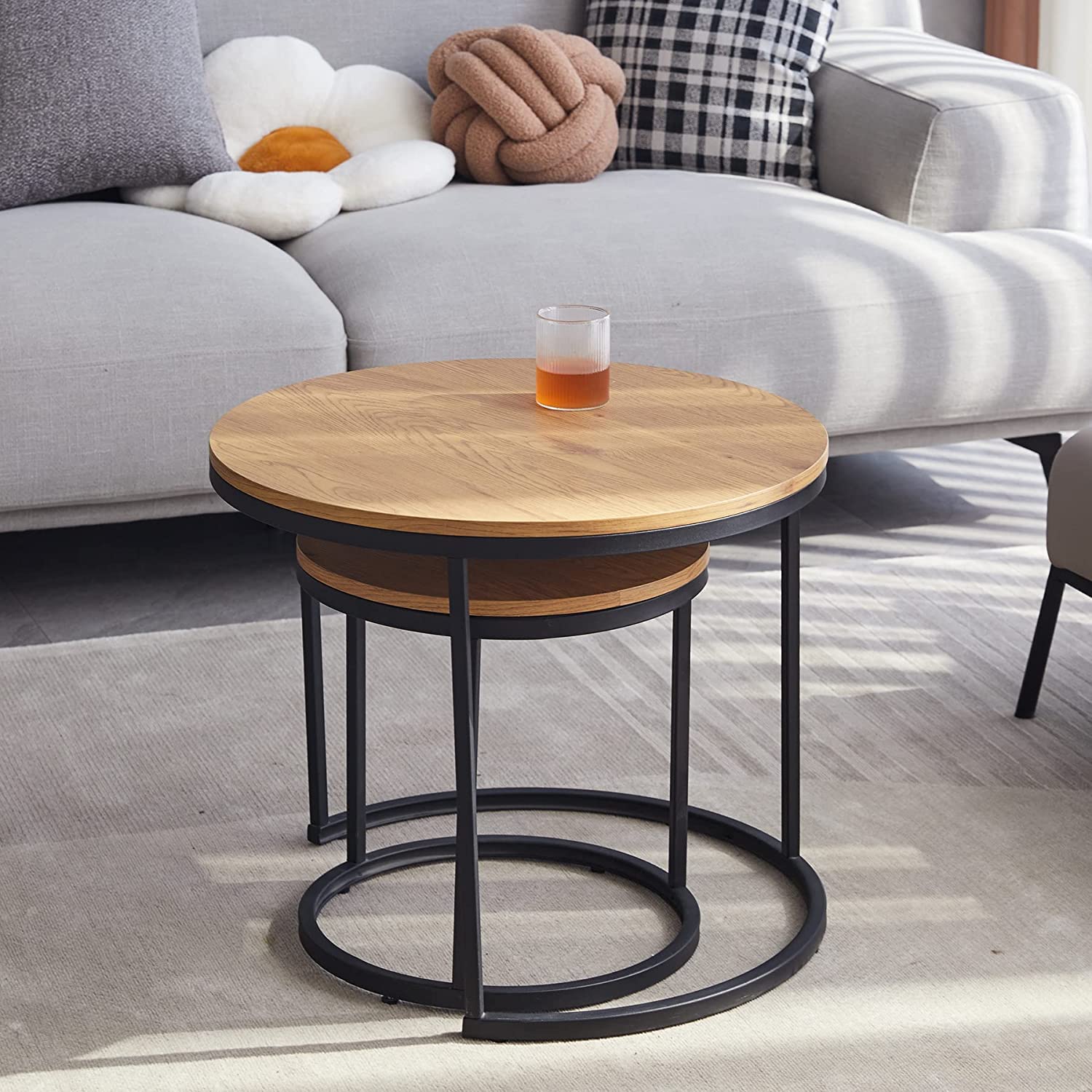 HJhomeheart Round Nesting Tables Set of 2 Light Brown