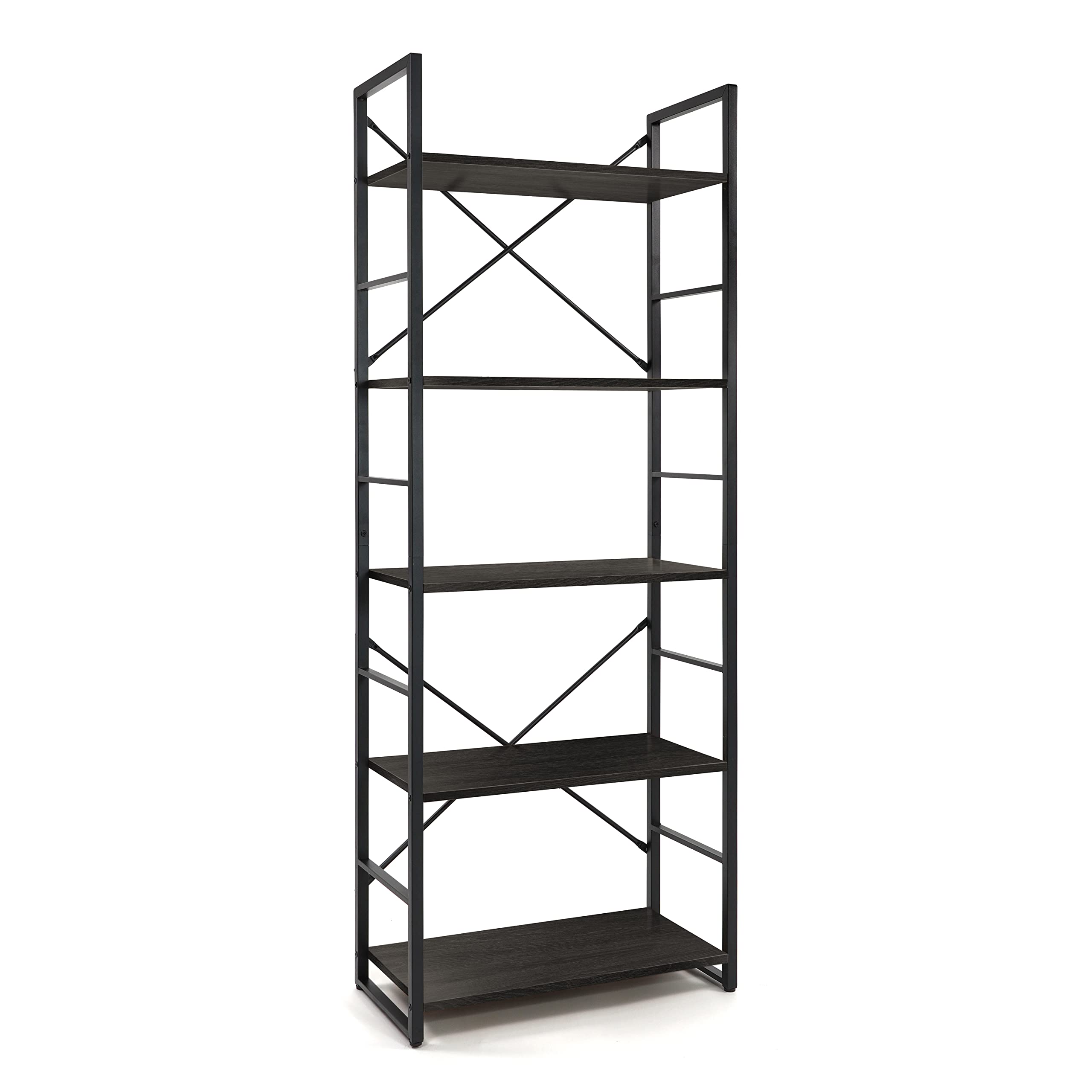 Stylish 5-tier bookshelf with black vintage shelves and metal frame, perfect for home or office