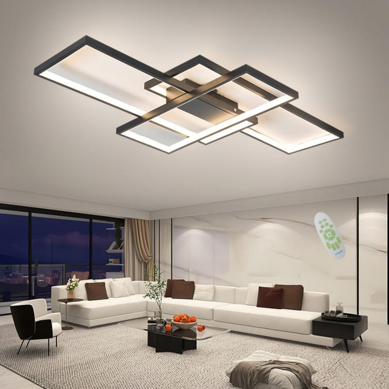Stylish black LED ceiling light with a geometric design, featuring three superimposed black rectangles