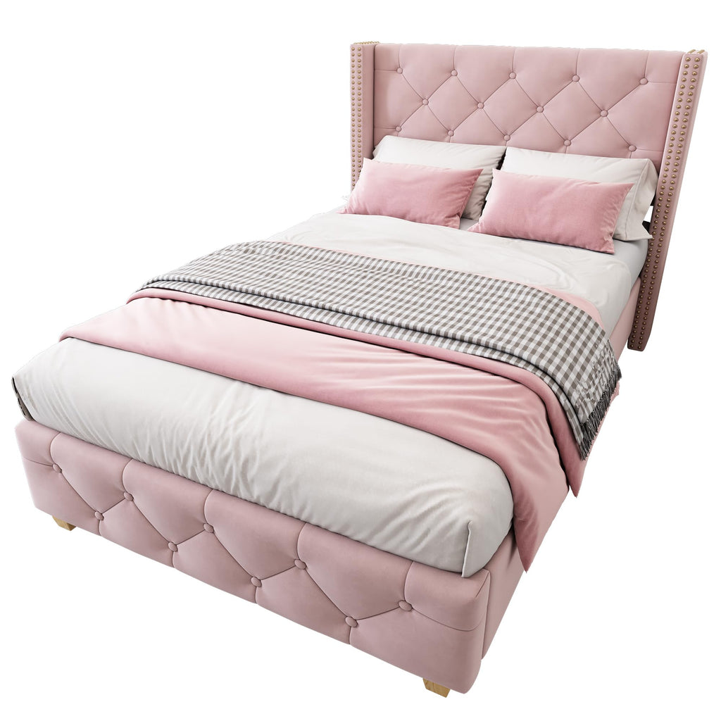 REXO Pink Velvet Upholstered Bed with Quilted Headboard