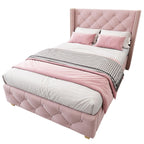 REXO Pink Velvet Upholstered Bed with Quilted Headboard