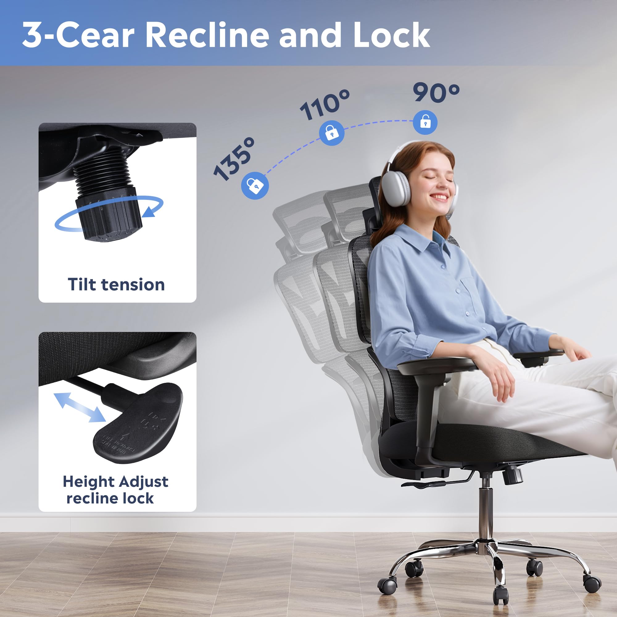 DEVAISE Big and Tall Ergonomic Office Chair with Adjustable Armrests