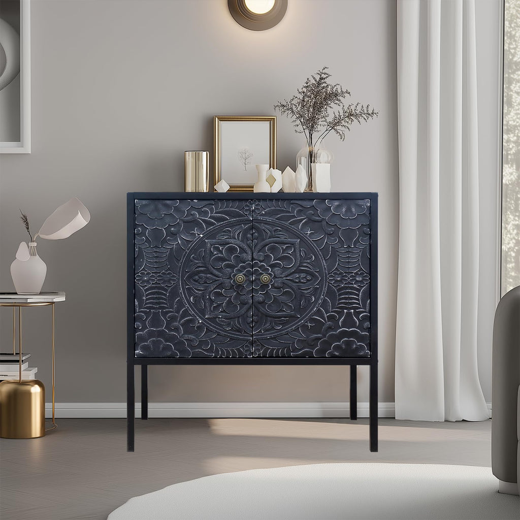 Vintage carved storage cabinet with intricate floral design and double doors