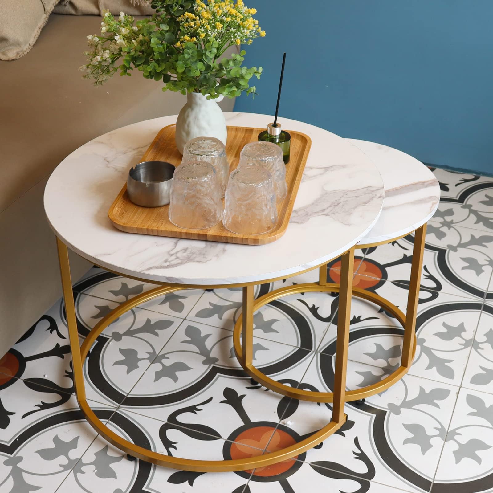 Aboxoo Nesting Coffee Table Set with White Marble Pattern