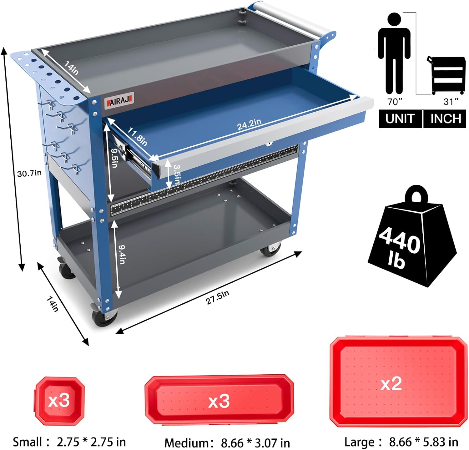 AIRAJ 3 Tier Rolling Tool Cart with Drawers and Pegboard - 440 LBS Capacity