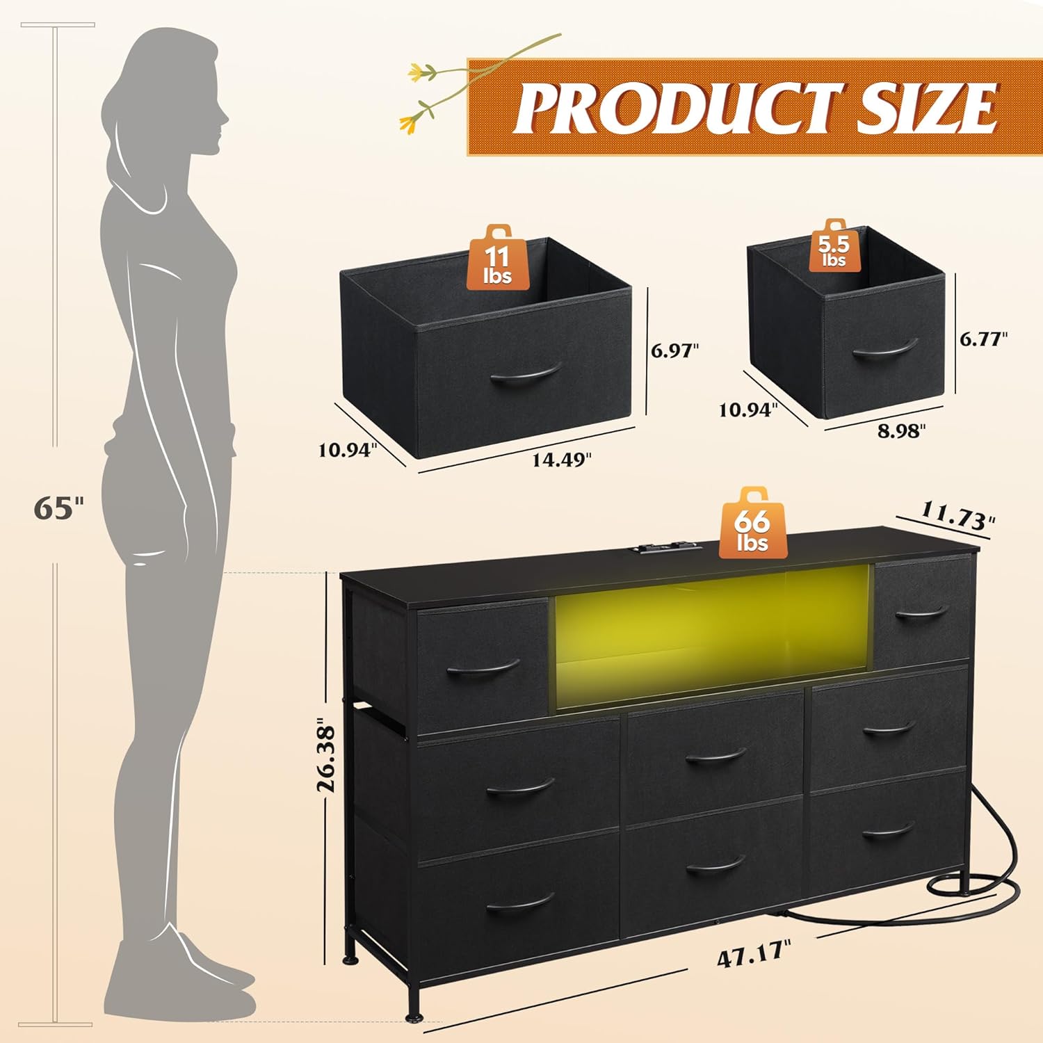 WLIVE Black Dresser TV Stand with LED Lights and Charging Station