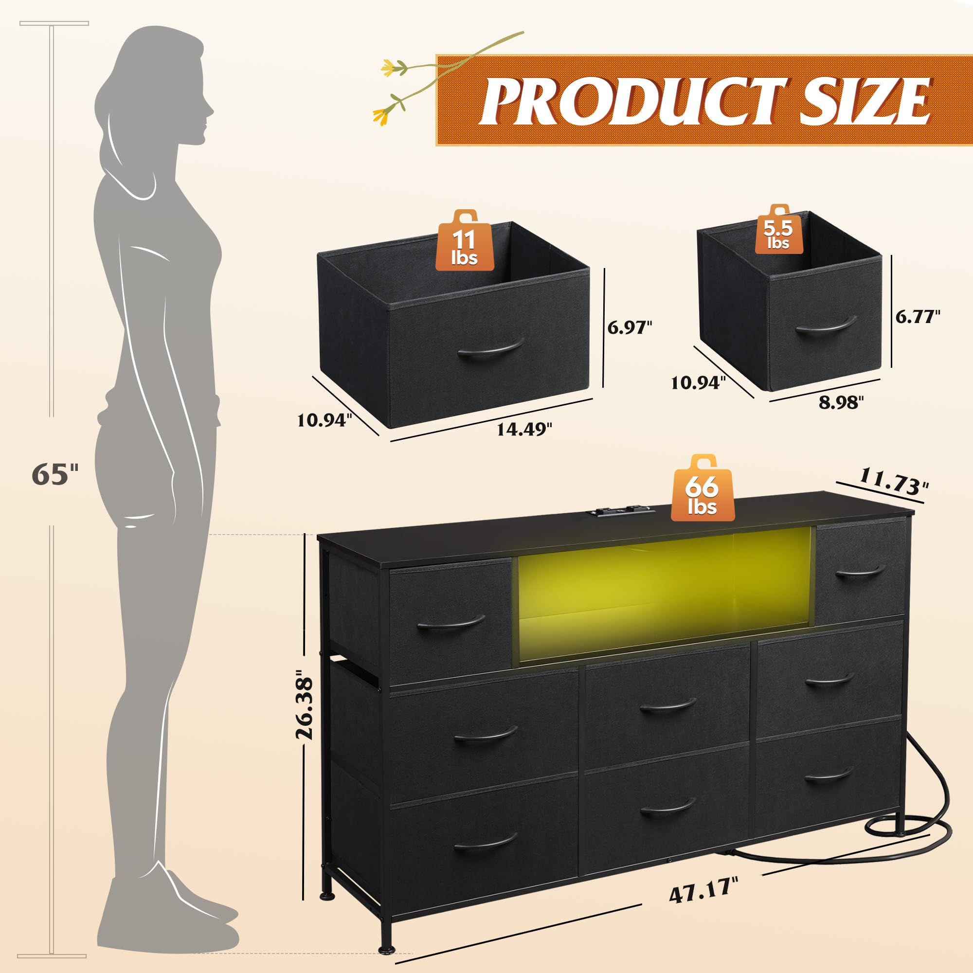 WLIVE Black Dresser TV Stand with LED Lights and Charging Station