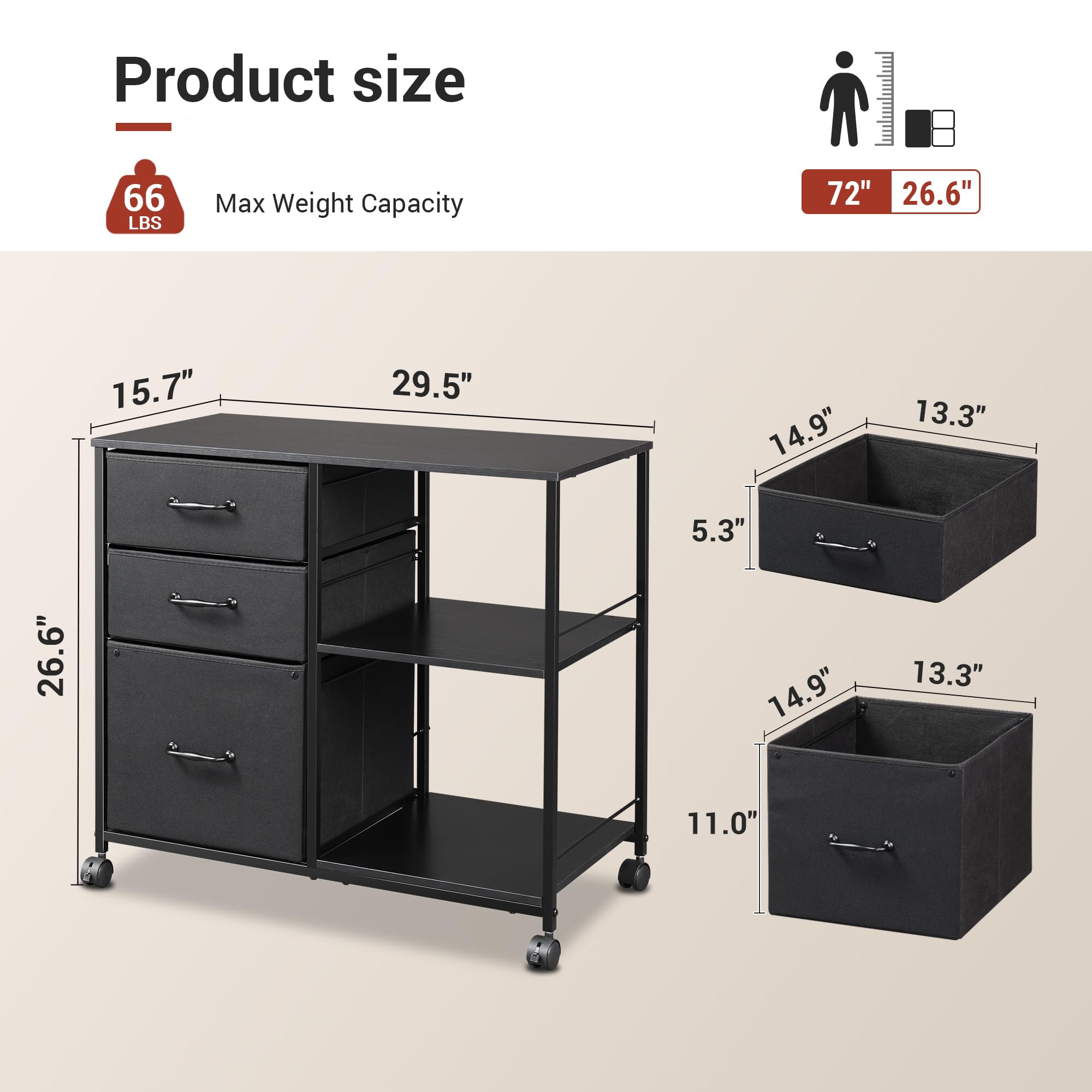 Devaise 3 Drawer Mobile File Cabinet with Open Storage Shelf