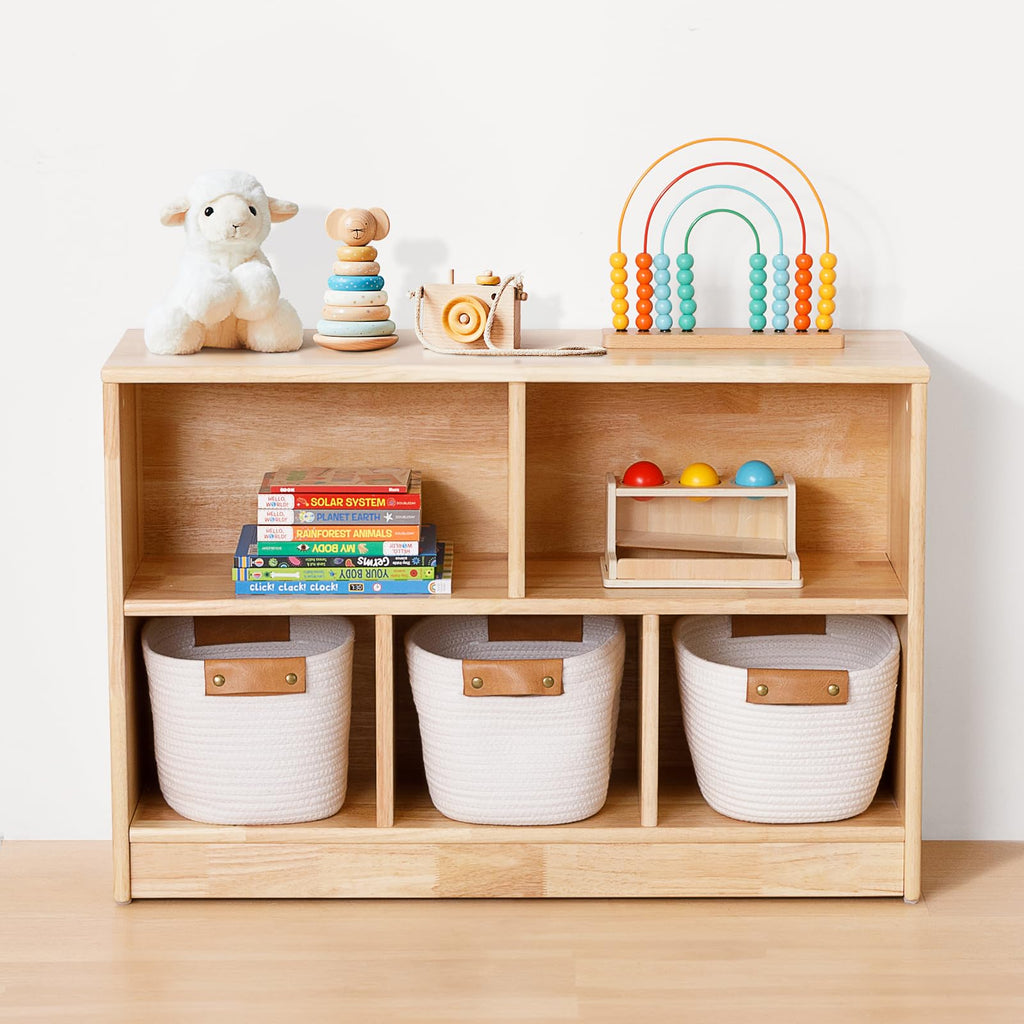 OOOK Montessori Shelf with 5 compartments made of rubber wood, suitable for children's storage and organization.