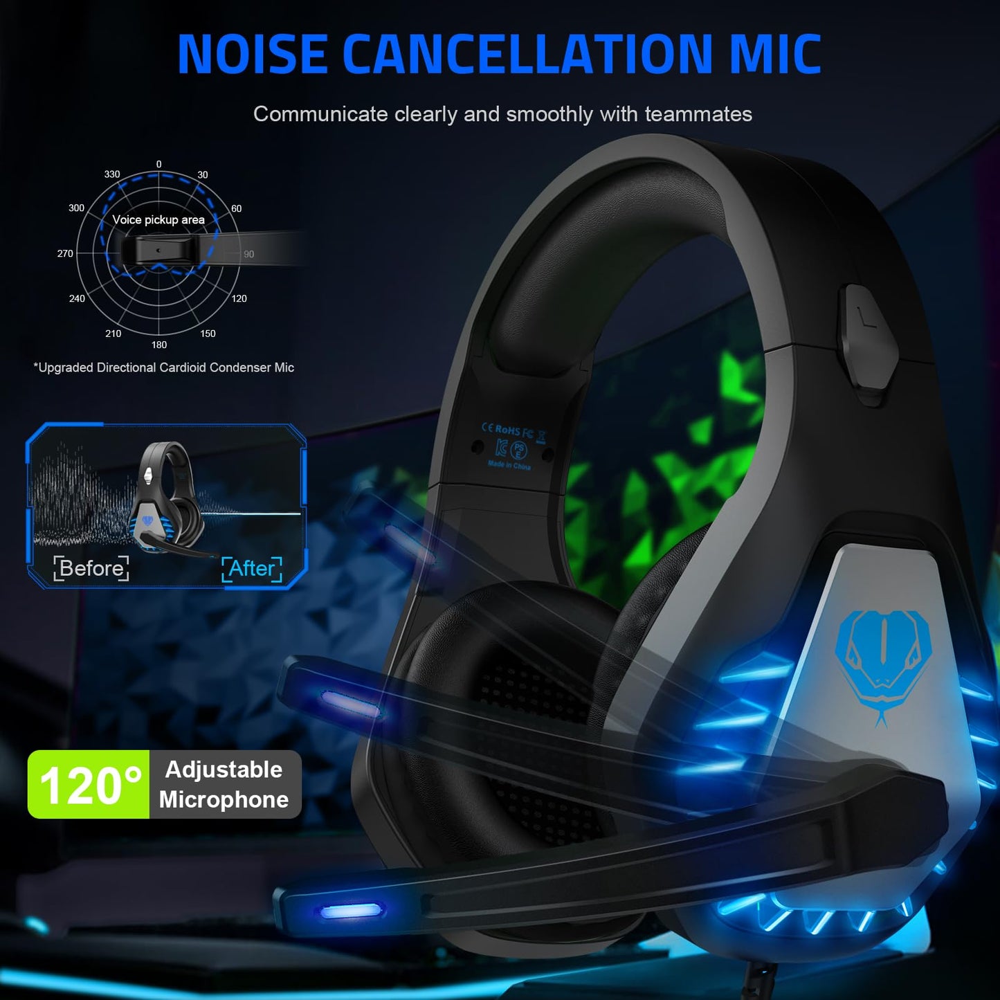 Pacrate Gaming Headset with Microphone for Switch PC PS4 PS5 Xbox One Noise Cancelling Gaming Headphones with LED Lights for Kids Adults Black Green