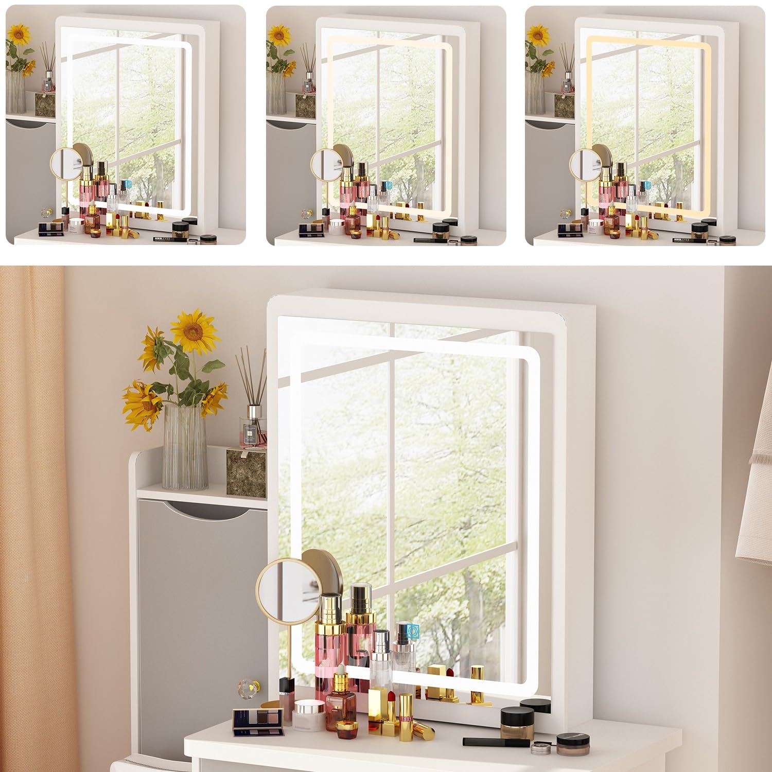 FAMAPY Vanity Desk with Lighted Mirror and Stool, White and Grey