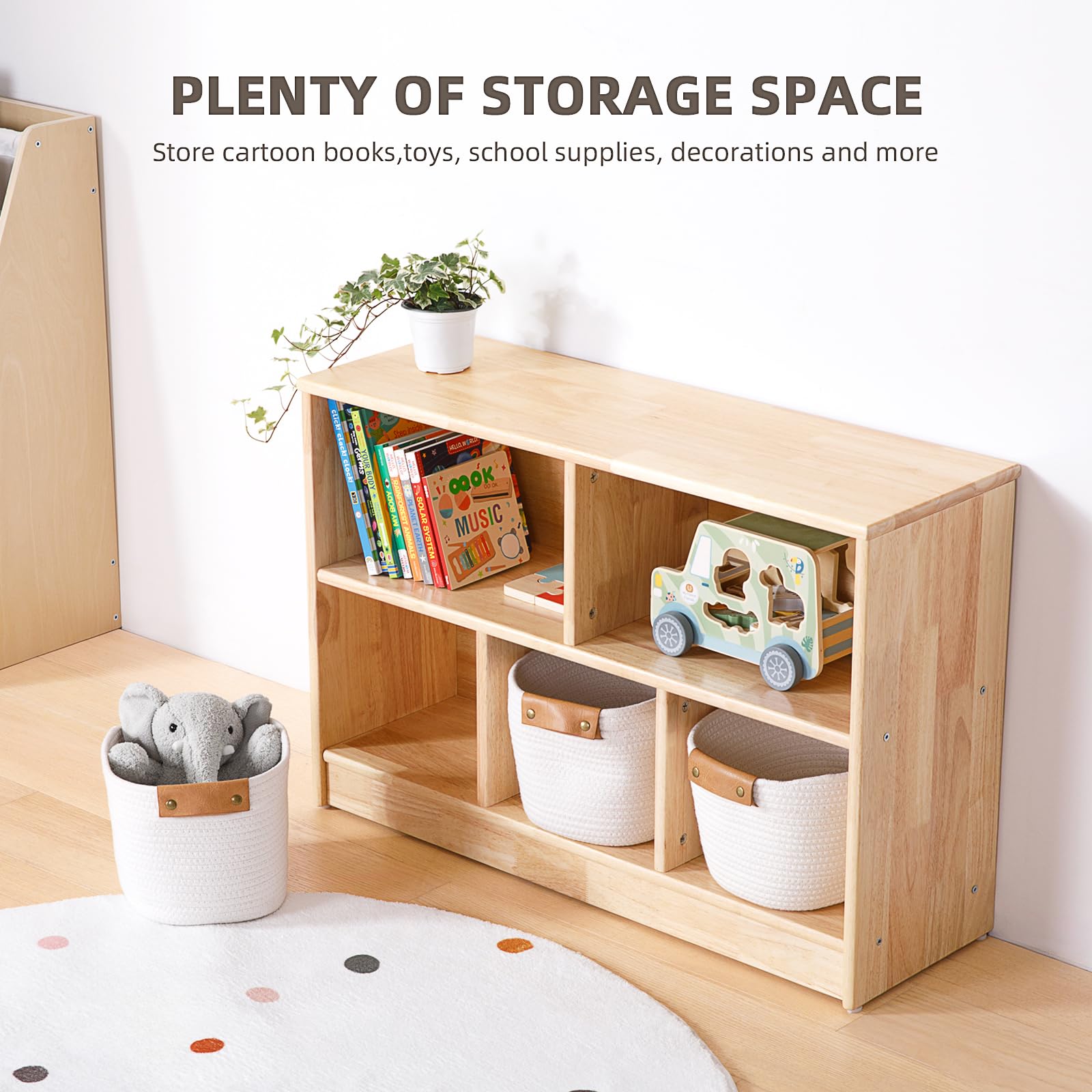 OOOK Montessori Shelf for Kids, 5-Compartment Rubber Wood Storage