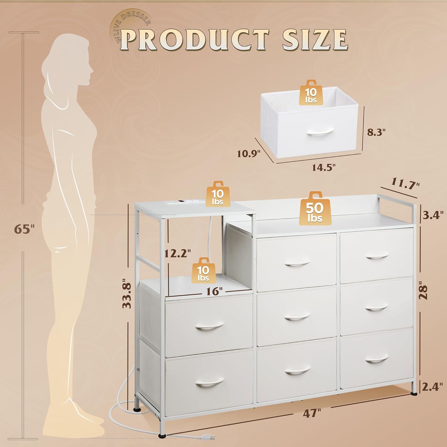 WLIVE Minimalist Three-column 8-Drawer Fabric Dresser