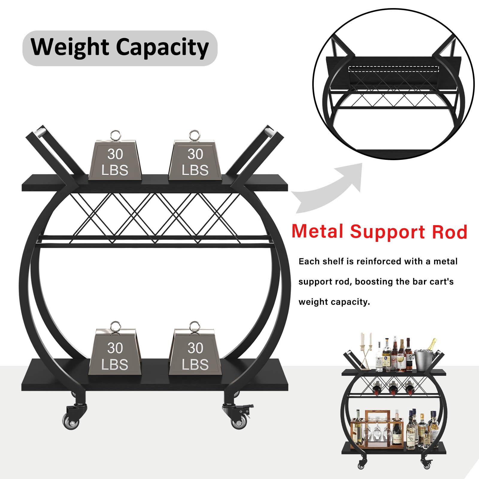 LVB Rolling Bar Cart with Storage Shelves and Wine Rack