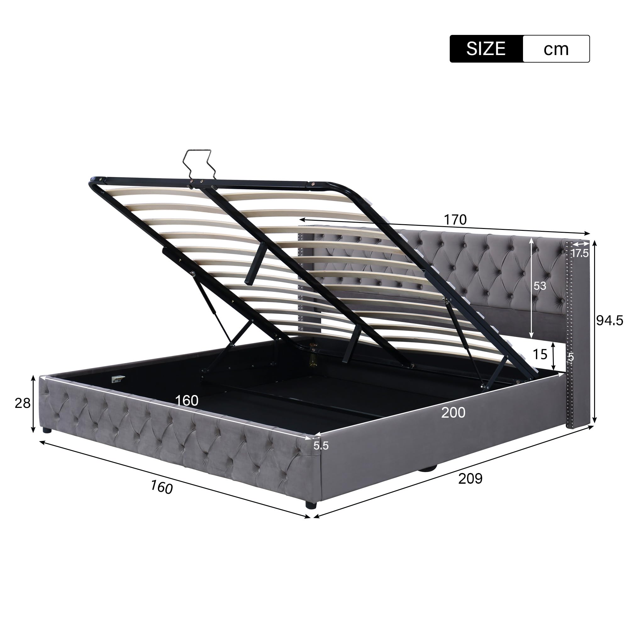 HAINEW Chesterfield Style Upholstered Bed with Hydraulic Storage