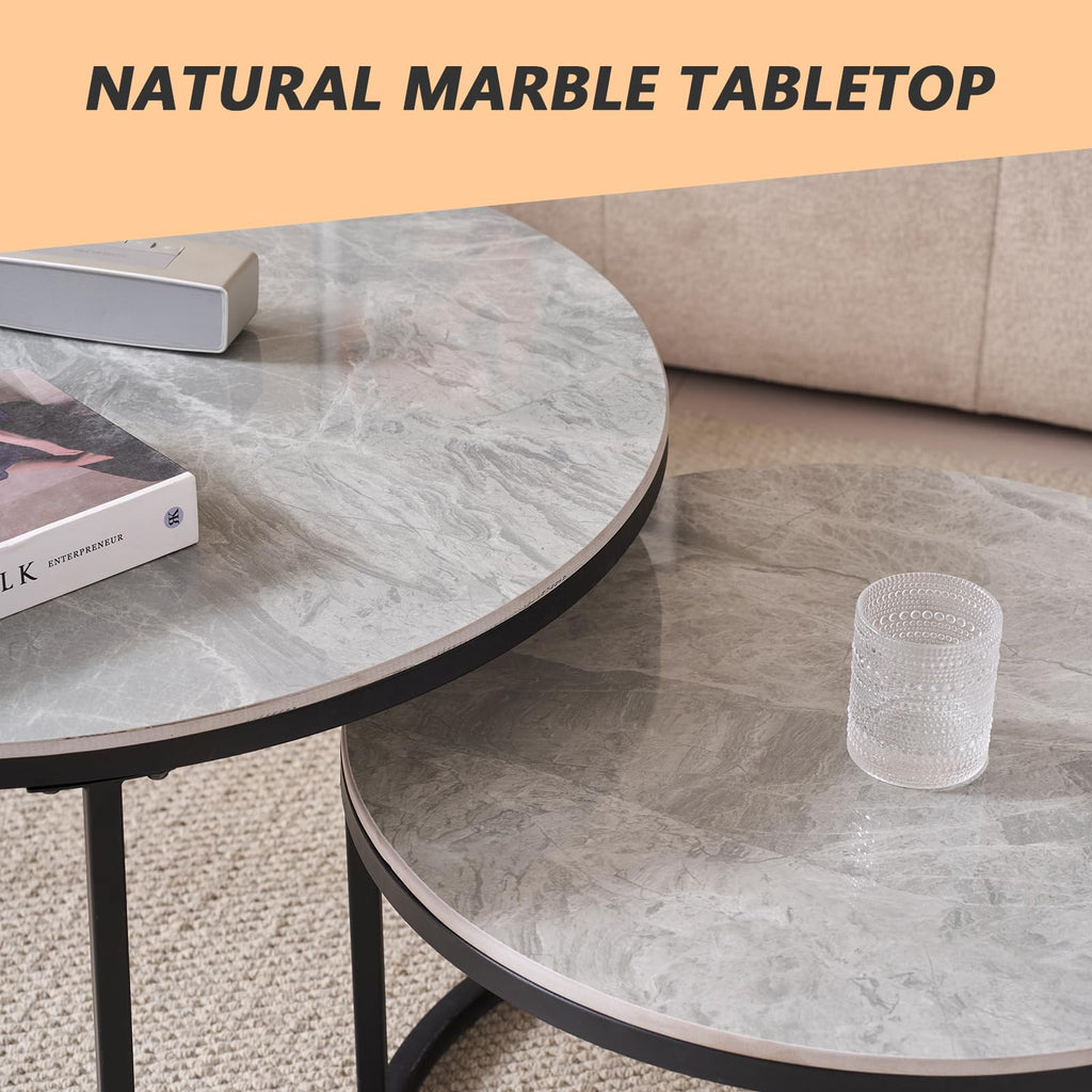 JZGORC 2-Piece Round Coffee Table Set with Grey Marble Top and Black Metal Frame