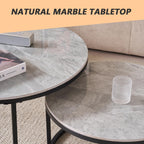 JZGORC 2-Piece Round Coffee Table Set with Grey Marble Top and Black Metal Frame
