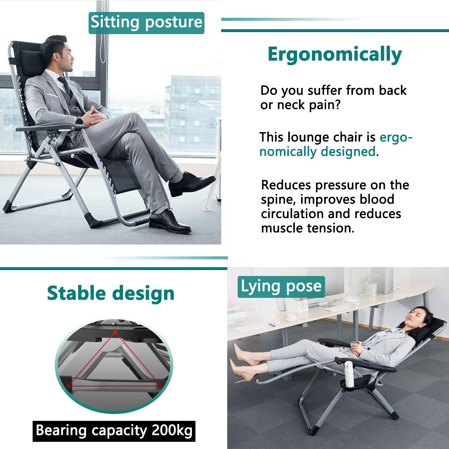 YOIZO Folding Deck Chair with Cushion, 72cm, Grey