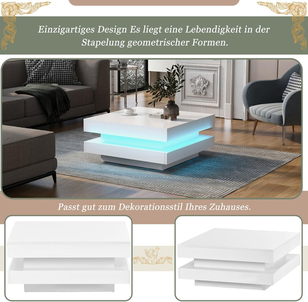 Sweiko White Square Coffee Table - Rotating Top & LED Lighting