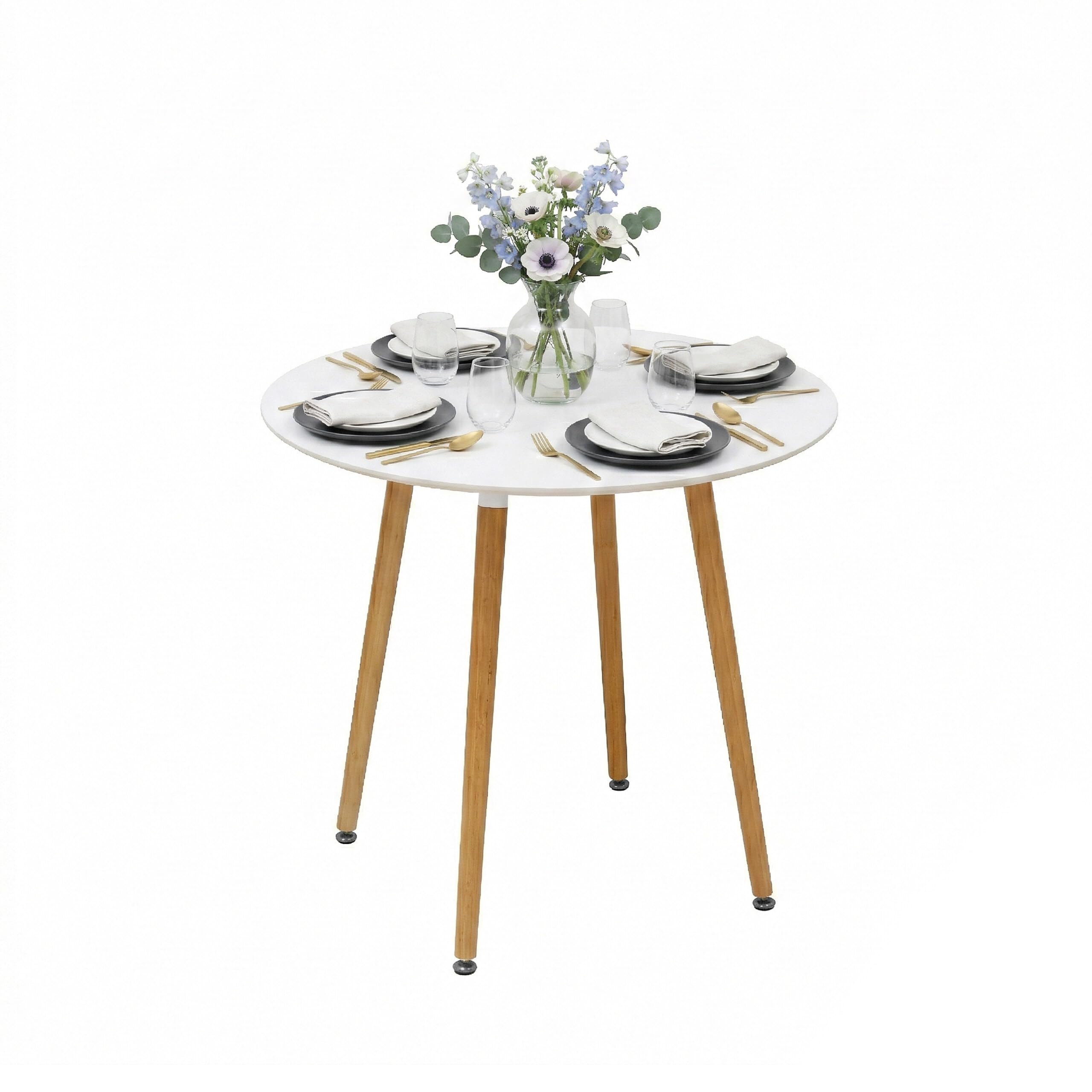 Scandinavian style round dining table with white MDF top and bamboo legs
