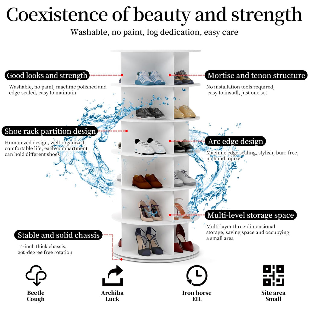PTUWODS 7 Tier Rotating Shoe Cabinet in White