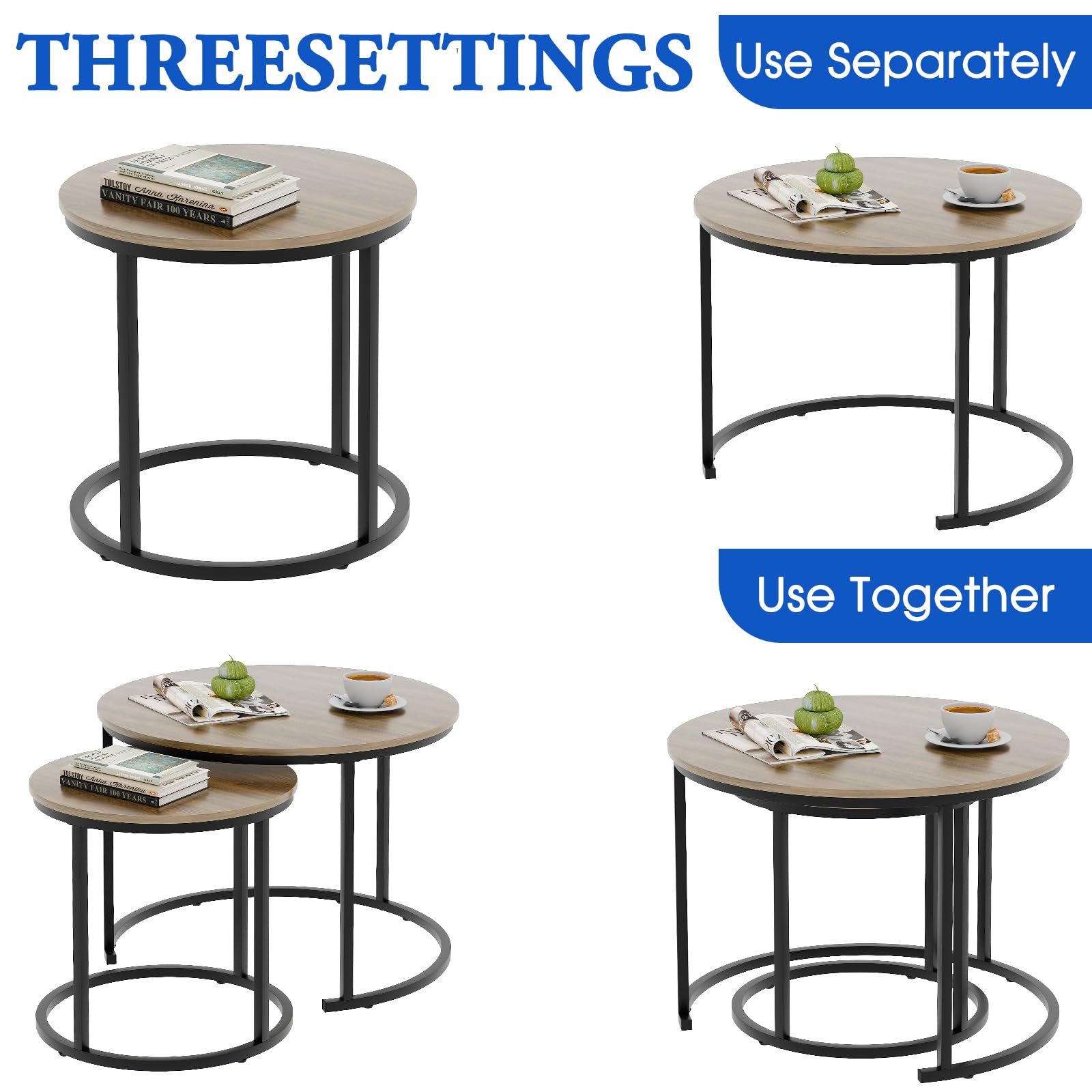 aboxoo Nesting Side Round Coffee Table Set with Metal Frame