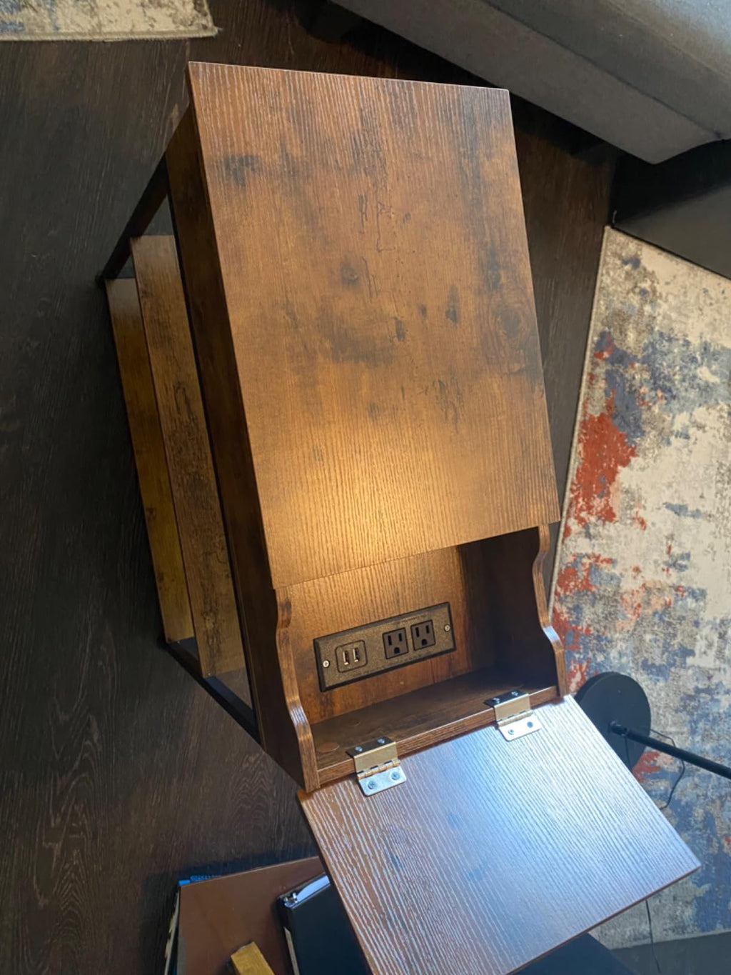 WLIVE Rustic Brown Small Storage Side Table with Charging Station