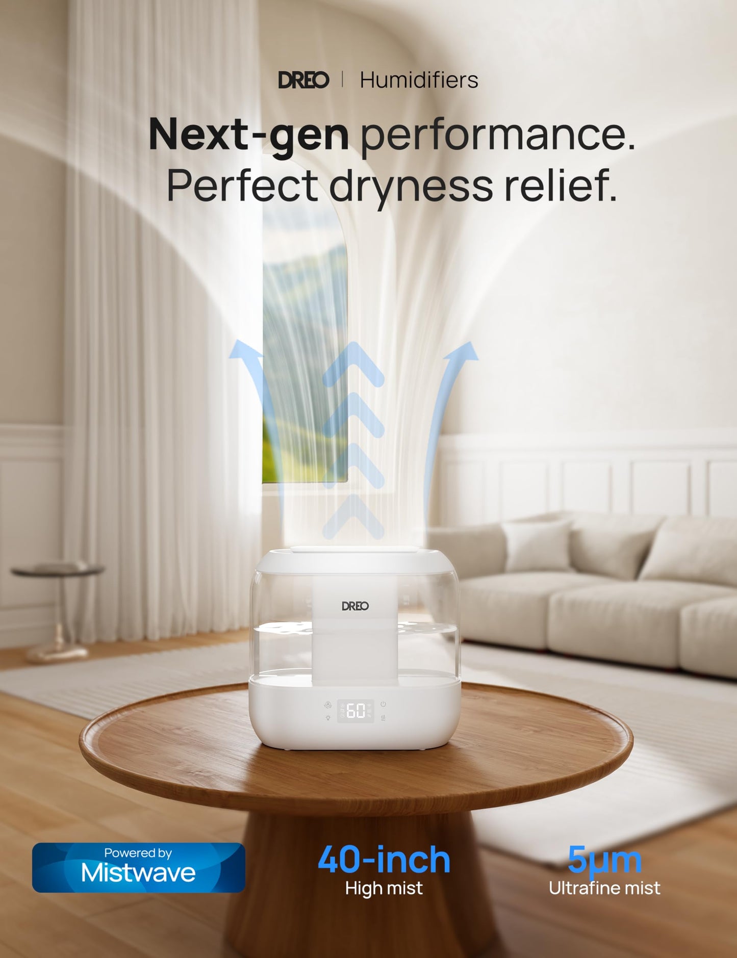 Dreo Smart Humidifiers for Bedroom, Top Fill 4L Cool Mist Humidifier with Nightlight, 32H Runtime, Touch/APP/Voice Control, Quiet Ultrasonic Humidifiers for Large Room, Home, Baby, Plants, Office