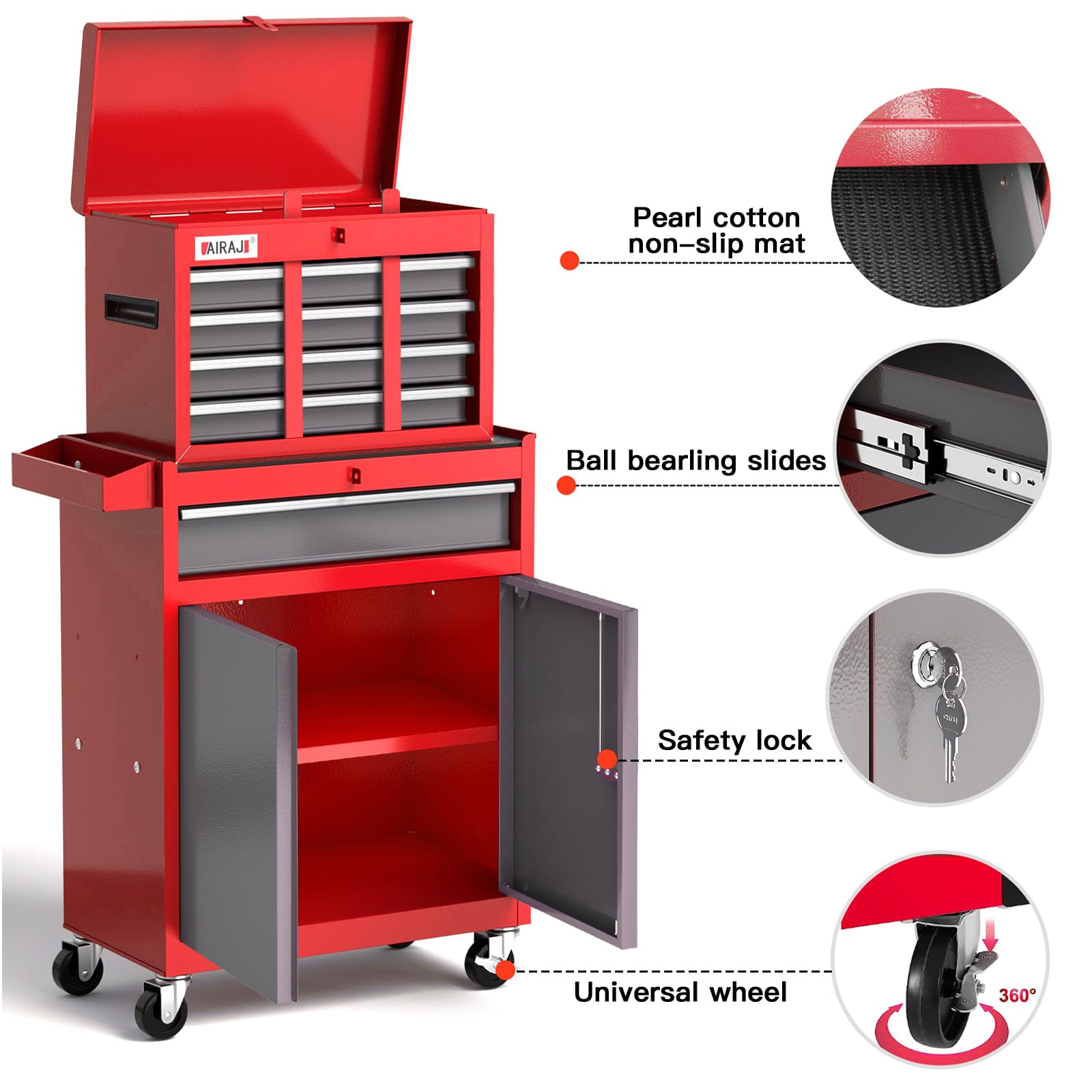 AIRAJ 40'' H Rolling 7-Drawer Tool Chest with Detachable Top