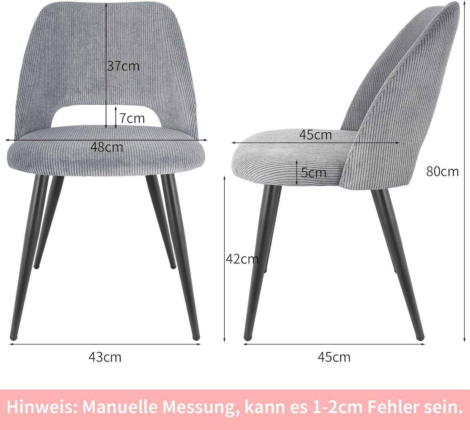 WAFTING Set of 2 Corduroy Dining Chairs Grey