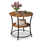 Rustic brown round end table with two storage shelves, featuring a powder-coated steel frame
