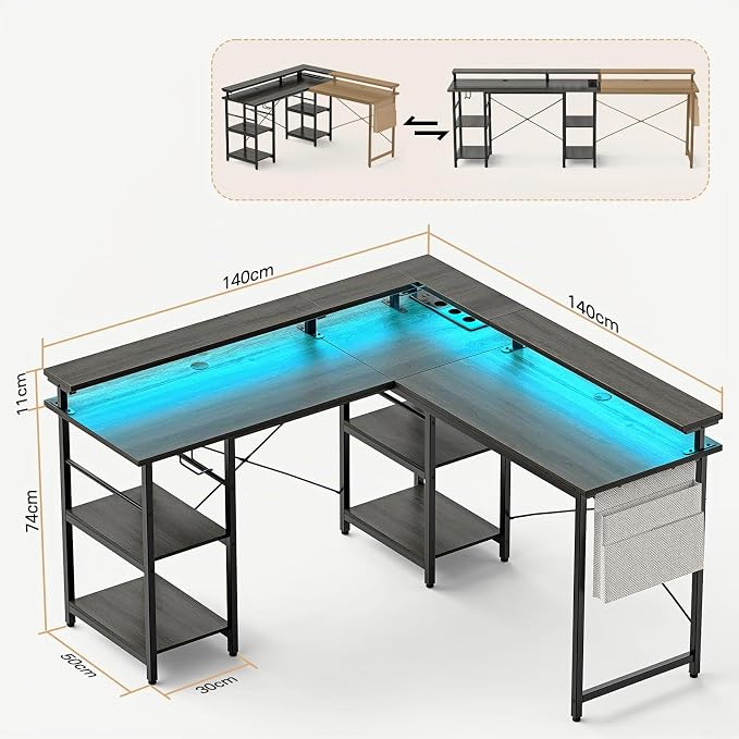 Gaming Desk L-Shaped With LED And Sockets 140 X 140 Cm Corner Desk Reversible Computer Desk With Monitor Shelf 4 Shelves And Side Pockets For Home Office And Office grey