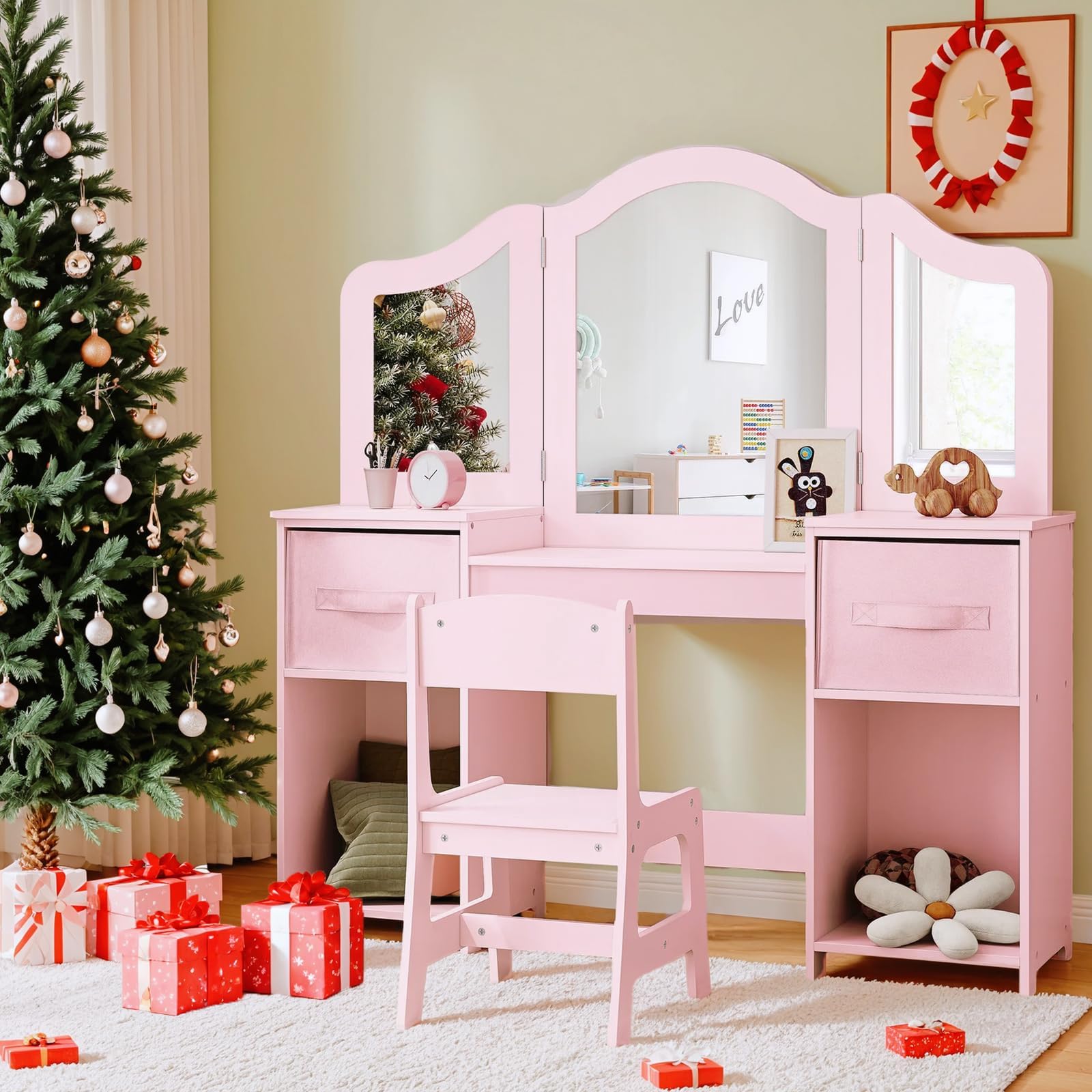 Clevich Kids Vanity Table and Chair Set with Storage