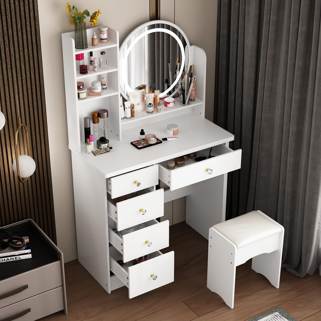 ECACAD Vanity Desk Set with LED Lighted Round Mirror, Makeup Dressing Table with 5 Drawers, Storage Shelves & Cushioned Stool for Bedroom, White
