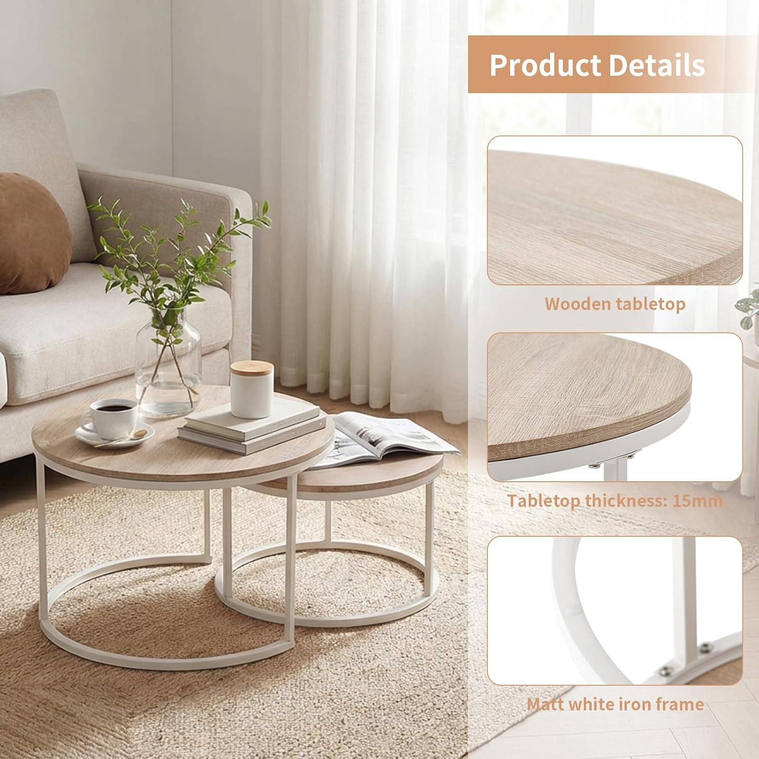 buybyroom Round Coffee Table Set of 2 - Light Oak Nesting Tables