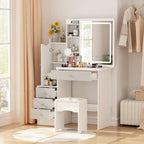 FAMAPY Vanity Desk with sliding lighted mirror, 4 drawers, open and hidden shelves, and cushioned stool in white and grey